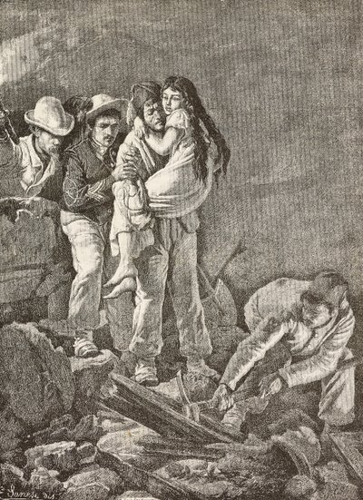 En flicka räddas efter att hennes hem kollapsade, jordbävningen i Casamicciola, Italien, gravyr från en teckning av E Sanesi och en målning av Carlo Ademollo (1824-1911), från L