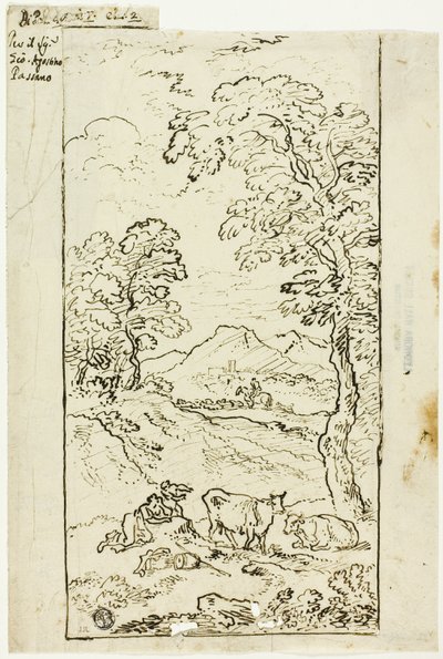 Kuperat landskap med kor och herdar i förgrunden av Carlo Antonio Tavella
