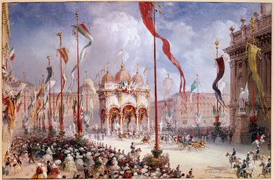 Risorgimento - Victor-Emmanuel II (Victor-Emmanuel) (Vittorio Emanuele) (1820-1878) vid öppnandet av det italienska parlamentet den 02/04/1860 (olja på duk) av Carlo Bossoli