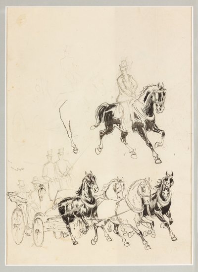Förberedande studie för vagn och hästar (indisk tusch och pennteckning på papper) av Carlo Casaltoli