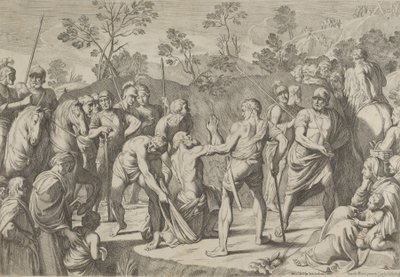 Den helige Andreas knäböjer i bön när han leds till korset, efter Reni, 1650-80. av Carlo Cesi