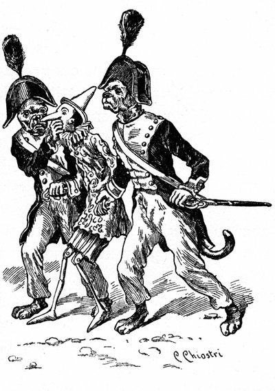 Illustration av Pinocchio av Carlo Chiostri (1863-1939), en av de första italienska illustratörerna av Collodis verk. Två hundar utklädda till gendarmer tar trädockan. av Carlo Chiostri