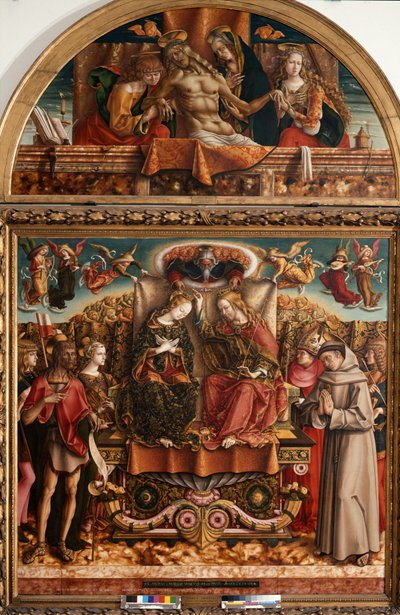 Jungfruns kröning med den heliga treenigheten och de heliga av Carlo Crivelli