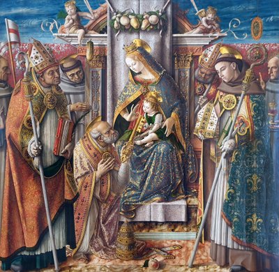 Tysk: Krönt madonna med barnet, överlämnandet av nycklarna till aposteln Petrus och med Johannes Capistranus, Emidius, Franciskus, Ludvig av Toulouse, Giacomo della Marca och en biskop Krönt madonna med barnet, överlämnandet av nycklarna till aposteln Petr av Carlo Crivelli