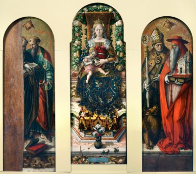 Madonna och barnet och de heliga Peter och Paulus, Ansovino och Hieronymus av Carlo Crivelli