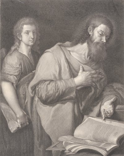 Saint Matthew, stående framför en bok till höger med en hand på bröstet, en annan man vara..., 1750-84 av Carlo Faucci
