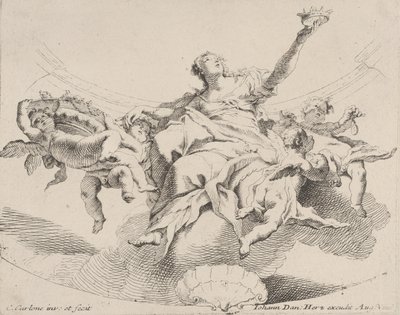 Makt, representerad av en kvinna sittande på moln med en krona och omgiven av putti,..., 1725-75. av Carlo Innocenzo Carloni