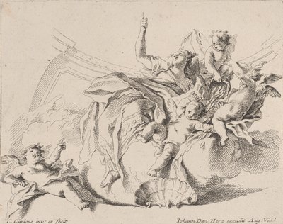 Rikedom, representerad av en kvinna sittande på moln och omgiven av putti, av vilka en är..., 1725-75. av Carlo Innocenzo Carloni
