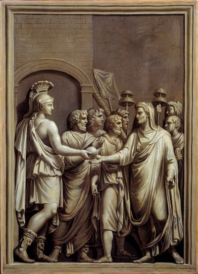 Antikens Rom: krigare och man i en toga som byter sfär. Målning av Carlo Labruzzi (1748-1818) efter en låg romersk relief. Brest. Museum of Fine Arts av Carlo Labruzzi