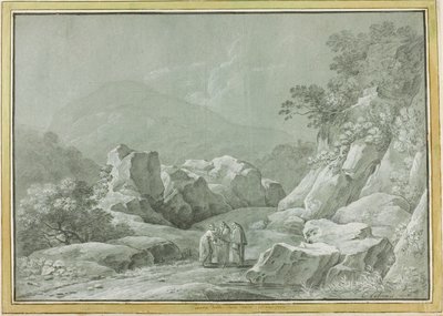 Två munkar som ger vatten till en kvinna och ett barn i vildmarken av Carlo Labruzzi