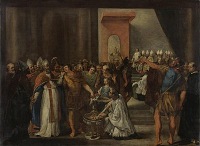 Kejsar Konstantin bränner arianska böcker, 1640-talet av Carlo Magnone