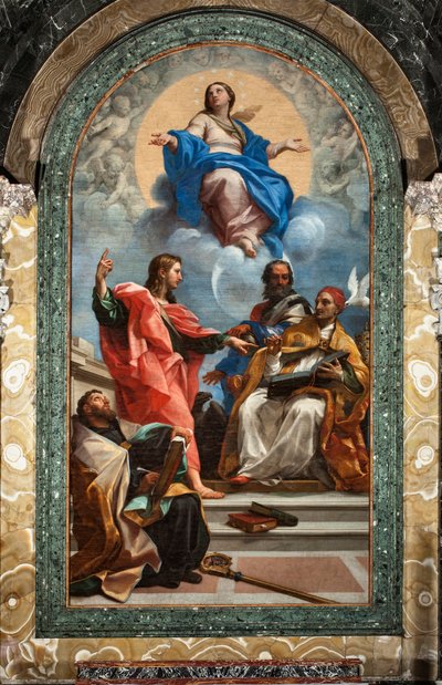 Obefläckad avlelse och Sankt Johannes evangelisten, Sankt Gregoire den store, Sankt Johannes Krysostomos och Sankt Augustinus (olja på duk av Carlo Maratta or Maratti