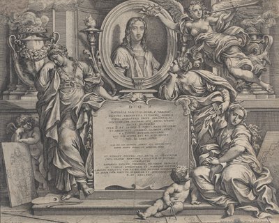 Frontispice med ovalt porträtt av Raphael, med tre allegoriska figurer av konsten sup..., 1675. av Carlo Maratti