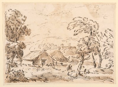 Teckning, En bondes bostad och ett slott i bergigt landskap, 1762-1786 av Carlo Marchionni