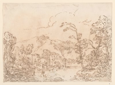 Teckning, En by vid en bäck i ett bergigt landskap, 1770-86 av Carlo Marchionni