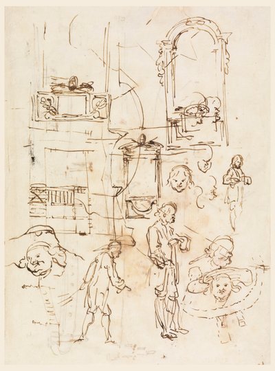 Teckning, Arkitektur- och figurskisser, ca 1760 av Carlo Marchionni