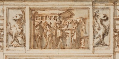 Ritning, Förslag till den norra portalen, Stora galleriet, Villa Albani, Rom, Italien, 1755-56 av Carlo Marchionni