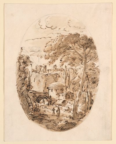 Teckning, Landskap med ryttare och bro, 1750-1786 av Carlo Marchionni