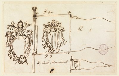 Teckning, Tre skisser till en standar av påven Benedictus XIV, 1740-58 av Carlo Marchionni