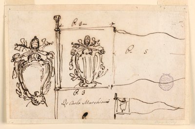 Teckning, Tre skisser till en standar av påven Benedictus XIV, 1740-58 av Carlo Marchionni