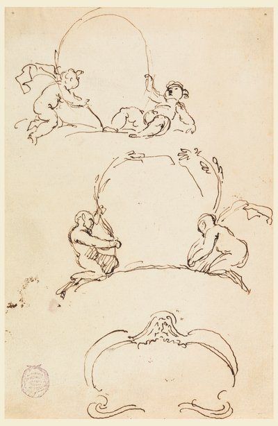 Teckning, Tre skisser till kartuscher, före 1775 av Carlo Marchionni