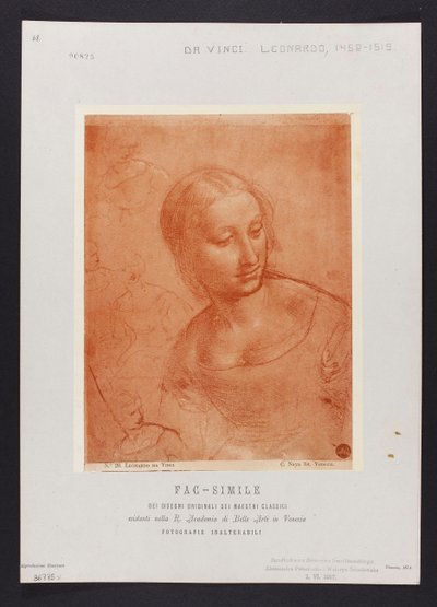 Studie eines weiblichen Büstenbildes, Zeichnung von Leonardo da Vinci (1452-1519) aus der Sammlung der R. Accademia di Belle Arti in Venedig; Tafel aus der Mappe: "Fac-simile dei disegni originali dei maestri classici esistenti nella R. Academia di Belle A av Carlo Naya