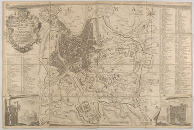 Plan över det antika Rom med utsikt över Pantheon nere till vänster och en triumfbåge nedre rig..., 1748 av Carlo Nolli