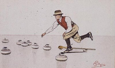 Man som kastar en sten i ett spel curling (färg litho) av Carlo Pellegrini