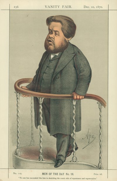 Rev Charles Spurgeon, Ingen har lyckats som han att skissa på den komiska sidan av omvändelse och förnyelse, 17 juli 1880, Vanity Fair-tecknad serie av Carlo Pellegrini