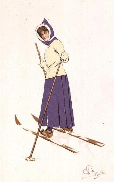 Kvinna som sätter på skidor (färg litho) av Carlo Pellegrini