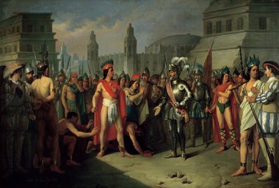 Guatimocins fängelse av Hernan Cortes trupper, 1856 av Carlos Maria Esquivel