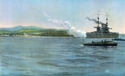 Amiral Sampsons flaggskepp, USA:s pansarkryssare New York, skjuter på en kustbevakning av spanskt kavalleri, utanför Cabanas, 29 april 1898 av Carlton Theodore Chapman