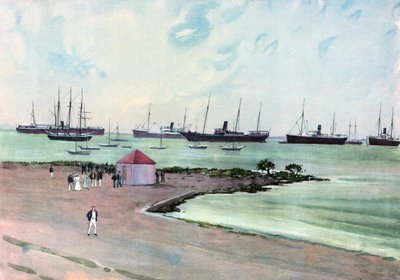 Fångade spanska fartyg vid ankar i Man-of-War Harbor, Key West.--Utsikt från Esplanaden nära USA:s armékaserner av Carlton Theodore Chapman