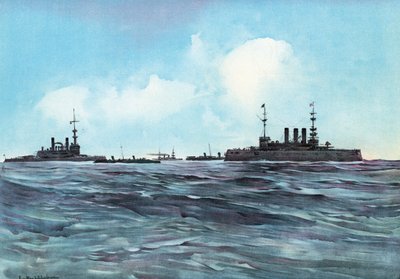 Indiana och New York flankerade och bevakade av torpedbåtar och kryssare av Carlton Theodore Chapman