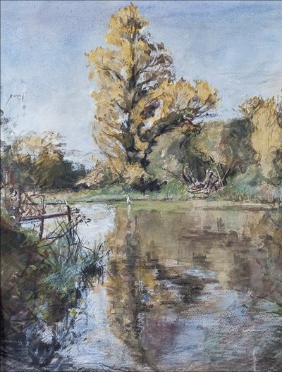 Early Autumn on the River Test, 2007 (pastell & wc på papper) av Caroline Hervey Bathurst