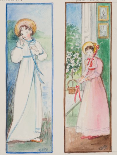 Elizabeth Bennet och Emma Woodhouse, 2011 (wc på papper) av Caroline Hervey Bathurst