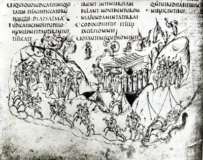 Olika scener som illustrerar en psalm, från Utrecht Psalter, kopia av originalet från Reims nu i Utrecht University Library (penna och bläck) av Carolingian School