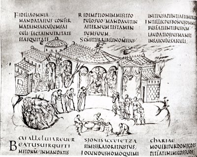 Olika scener som illustrerar en psalm, från Utrecht Psalter, kopia av originalet från Reims nu i Utrecht University Library (penna och bläck) av Carolingian School