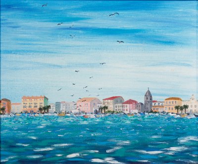 Havsscen med hus, 1995 (akryl ombord) av Carolyn Hubbard-Ford