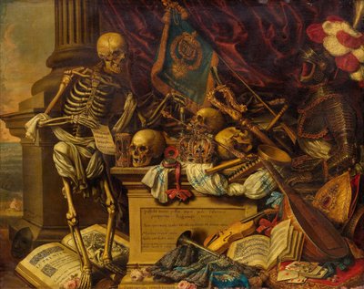 Vanitas stilleben med musikinstrument, böcker, notblad, skelett, skalle och rustningar, 1600-talet av Carstian Luyckx