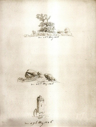 Träd, korg och torn av Caspar David Friedrich