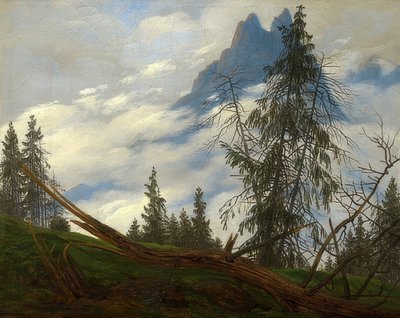 Bergstoppar med rörliga moln. Omkring 1835 av Caspar David Friedrich
