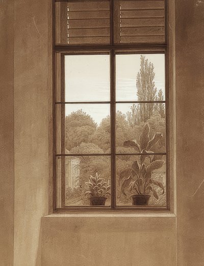 Fönster med utsikt över en park. Omkring 1837 (?) av Caspar David Friedrich