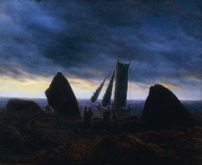 Fiskebåt som passerar figurer på en strand vid Östersjön; Fischerboot zwischen Findlingen am Ostseestrand, av Caspar David Friedrich