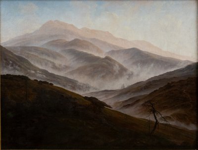 Tyska: Riesengebirgslandschaft mit aufsteigendem Nebel Jätteberg Landskap med stigande dimma av Caspar David Friedrich
