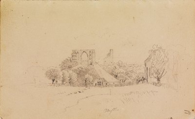 Klosterruinerna i Eldena, med ett halmtäckt hus och ett litet vattendrag av Caspar David Friedrich