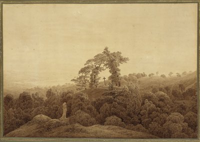 Kustlandskap med kors och staty av Caspar David Friedrich