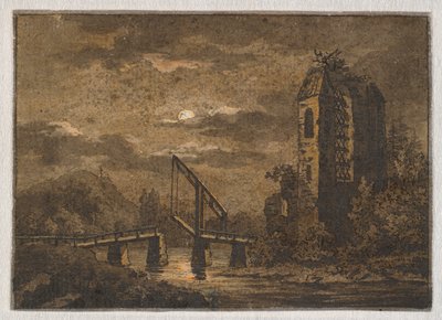 Landskap med vindbrygga och ruin i månsken av Caspar David Friedrich