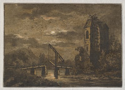 Landskap med vindbrygga och ruin i månsken av Caspar David Friedrich