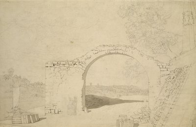 Flodlandskap med en båge (oavslutad) (penna, penna och wc på papper) av Caspar David Friedrich